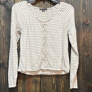 American Eagle Gauzy Crochet Trim Top S Cream Ruffle Y2K Long Sleeves Boho Lace